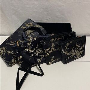 Celebrity Elegant Black and Gold Floral Women's Bag Set with matching box